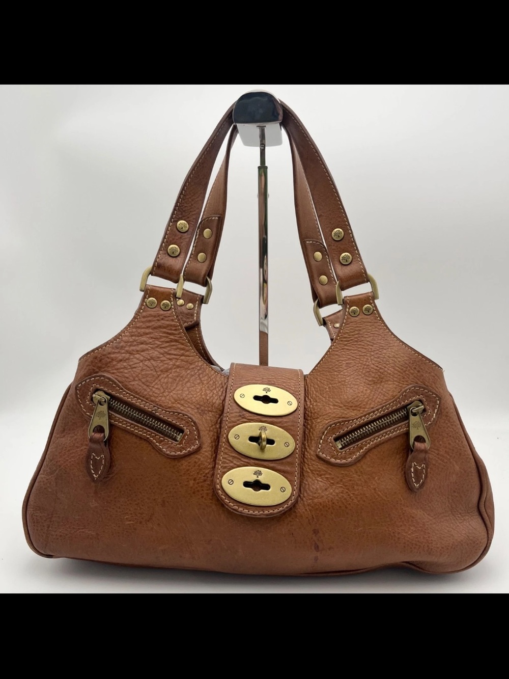 Mulberry Brown Leather Shoulder Bag with Brass Turn-Locks